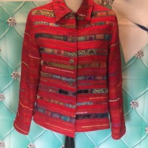 Coldwater Creek Jacket Blazer Red Exquisite Gold threading details.